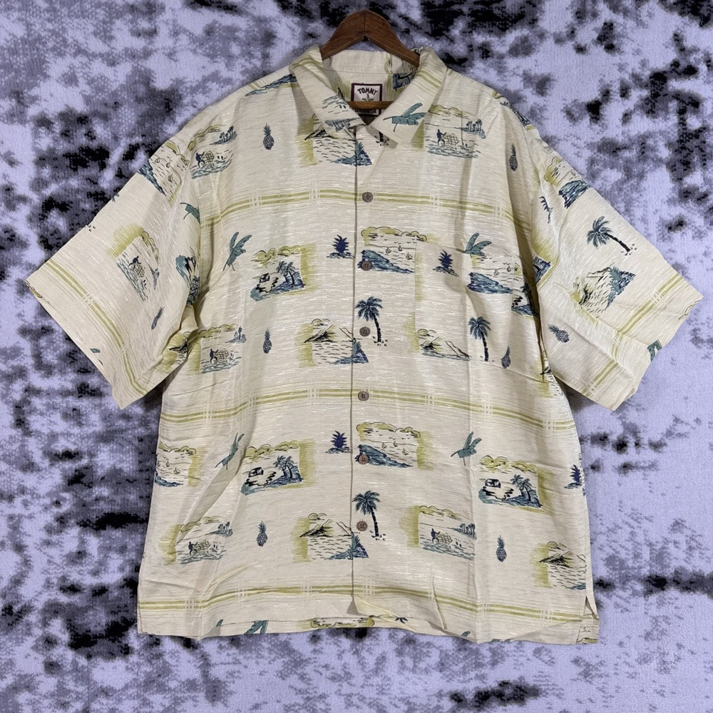Tommy Bahama Shirt Mens Size Extra Large Beige Tropical 100% Silk Beach Bum